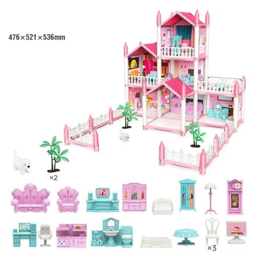 Casa de muñecas rosa 476 x 521 x 536 mm Casa de plástico de siete habitaciones con cocina Muebles Perro Árboles y accesorios Gran casa para niños