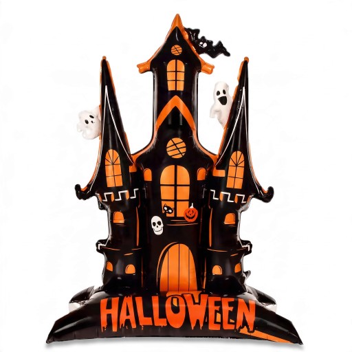 Casa stregata gonfiabile con fantasmi Palloncino in piedi Decorazione di Halloween 152 x 109 cm Neroarancione con scritta Halloween Decorazione