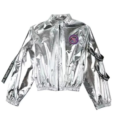 Casaco de dança para raparigas com gola alta e fecho éclair, sweatshirt metálica prateada em poliéster com apliques para hip hop, street dance e atuações