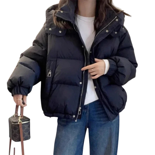 Casaco de Inverno Feminino em Algodão Casaco Quente com Capuz Gola Alta Fecho com Zíper e Botões Bolsos Práticos Roupa de Inverno Confortável