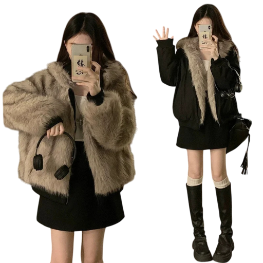 Casaco de Inverno Feminino Reversível com Capuz Casaco Quente com Fecho e Lado em Pele e Bolsos Casaco de Inverno Elegante para Uso Confortável