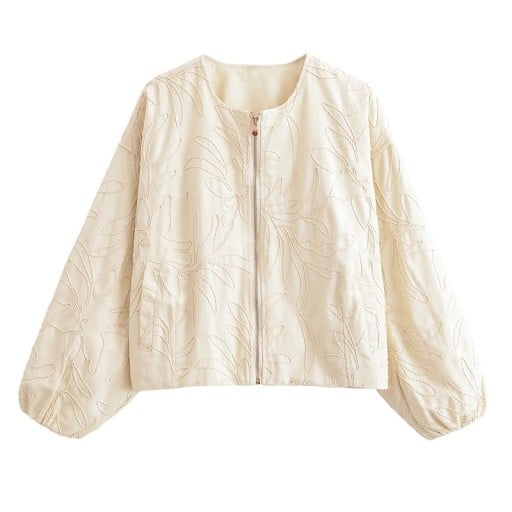Casaco feminino com bordado e padrão floral com fecho de correr e mangas largas e bolsos para uso casual na cidade e para o dia-a-dia