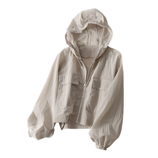 Casaco feminino leve com capuz Rápido a secar Corta-vento impermeável para a cidade Proteção UV Casaco leve de primavera com bolsos com fecho