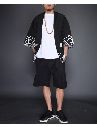 Casaco japonês masculino com estampado - Preto