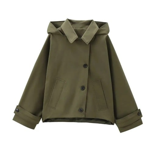 Casaco verde feminino com capuz e botões, com bolsos e mangas longas para outono e inverno, casual para a cidade e uso diário