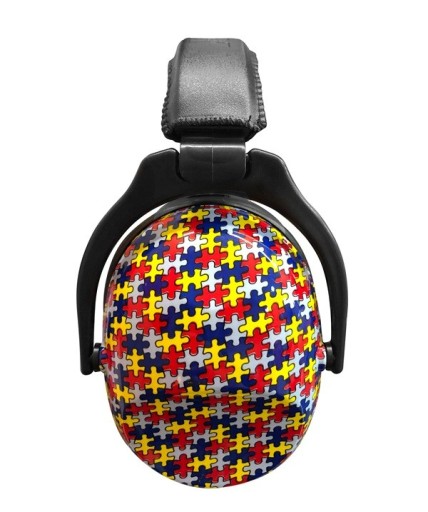 Cască de urechi negre pentru copii cu model puzzle colorat Dimensiune reglabilă Protecție împotriva zgomotului Cască de urechi confortabilă Materiale sigure
