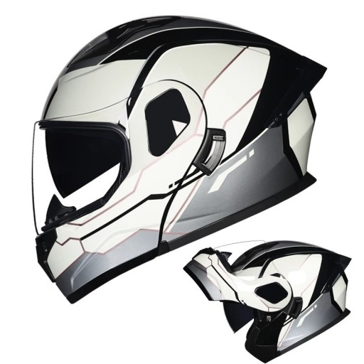 Cască integrală motocyklă unisex cu deschidere ABS+PC alb-gri-negru