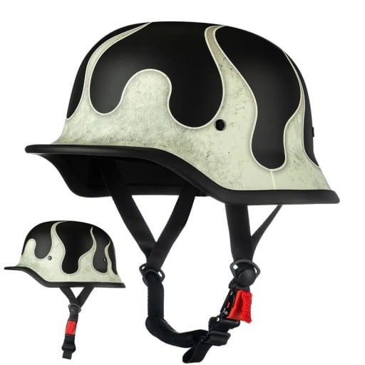 Casca militară de tip german deschisă cu cataramă rapidă Sculă ABS și PC Neagră cu model de flacără pentru chopper și motocicletă