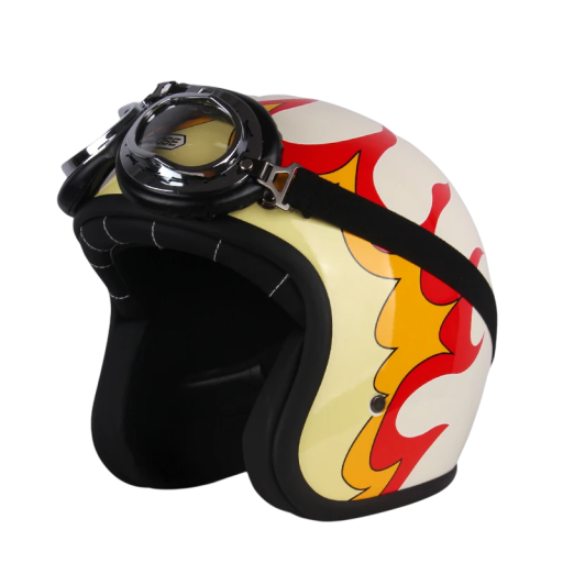 Casco da moto bianco retrò con fiamme Casco protettivo con occhiali Casco classico stiloso per la guida in moto materiale ABS