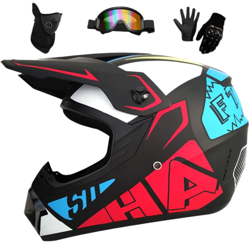 Casco da motocicletta per bambini integrale con sistema di ventilazione Visiera Guanti Occhiali Maschera Nera 25x25x36 cm ABS 1,2 kg