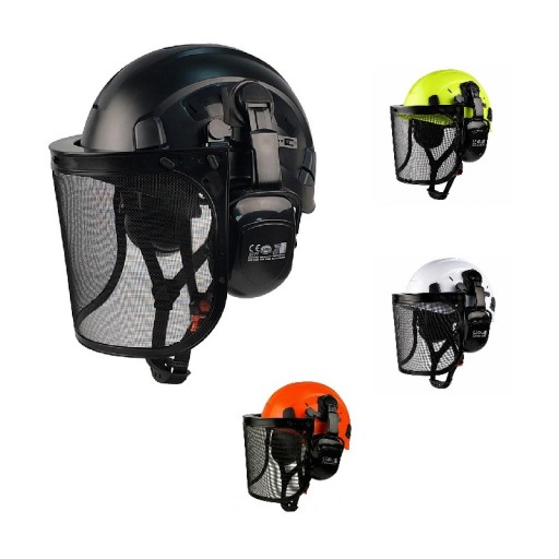 Casco de protección forestal 3 en 1 con visera de malla metálica y protectores auditivos Carcasa ventilada de ABS Tamaño 53 a 63 cm Ajuste con rueda