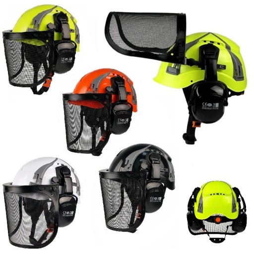 Casco de seguridad forestal con malla metálica en la cara y protectores auditivos Tamaño 53 a 63 cm Concha ABS Soporte de seis puntos