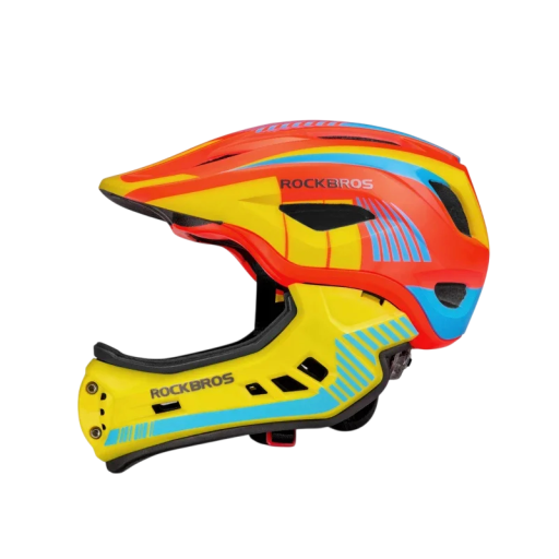 Casco infantil para bicicleta tamaño M para cabeza de 54-58 cm con pieza de mentón desmontable, estampado a rayas, visera y hebilla con botón