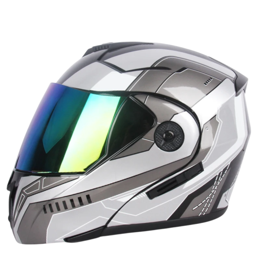 Casco moto grigio modulare con visiera colorata Visiera doppia e parasole Casco sicuro per moto con ventilazione