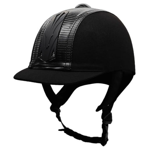 Casco para jinete con ventilación negra tamaño 56 para circunferencia de cabeza 52-54 cm aspecto de carbono panel de ABS carcasa de EPS relleno de terciopelo color negro