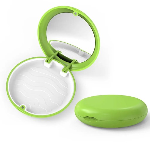 Case for Braces and Dentures with Mirror 9 x 9 x 2 cm Plastic Green with Colourful Interior for Storing Aligners