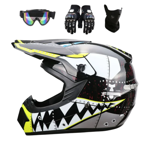 Casque de moto pour enfant avec impression Casque intégral en ABS avec lunettes, gants et masque Visière Ventilation 1,2 kg 25×25×36 cm