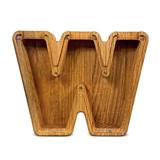 Cassetta di legno lettera W 18 cm altezza 2,8 cm larghezza Parte trasparente in plastica Cassetta decorativa per risparmio