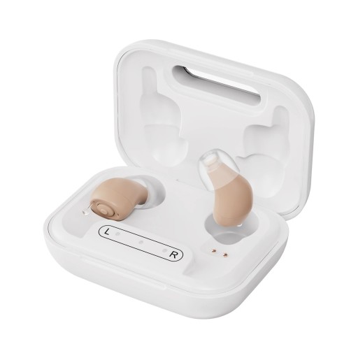 Căști mini pentru urechi cu carcasă de încărcare 2,3 x 1,2 x 0,9 cm amplificare 31 dB frecvență 290 până la 4500 Hz bej pentru seniori și persoanele cu deficiențe de auz