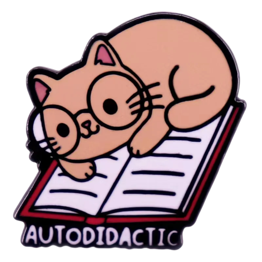 Cat Brooch with Book Autodidactic Metal Pin Beige Black White Badge with Reading Motif for Clothing Backpack Accessory