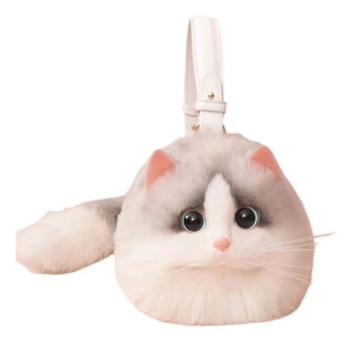 Cat Plush Handbag Size L 31×17×15 cm with Tail 30 cm Spacious Fluffy Bag with Realistic 3D Eyes for Women and Girls