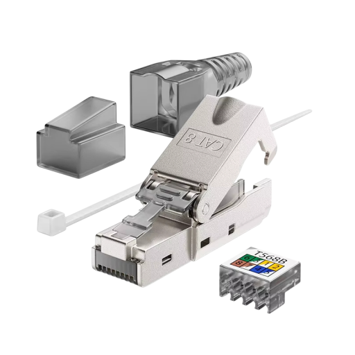 CAT8 RJ45 Ethernet Connector Shielded 40Gbps 2000MHz for 22–24AWG Metal Silver Reusable LAN Cable Termination