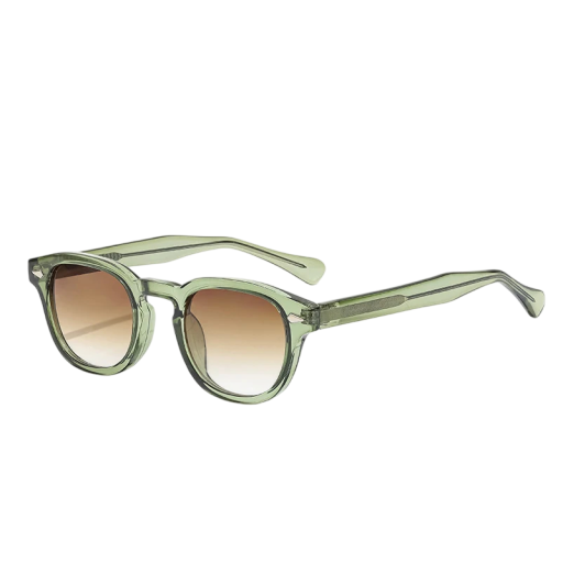 Caterside retro unisex solbriller UV400 beskyttelse Bredde 138 mm og linse 45 mm Plastisk grøn ramme og brune linser Til rejser og byen