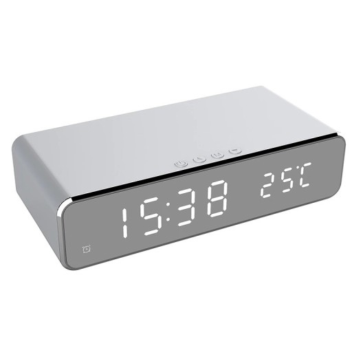 Ceas deșteptător digital cu încărcător wireless Qi 5 W Ceasuri cu termometru Suprafață de încărcare pentru telefon Dimensiuni 16 x 7,5 x 4 cm Material