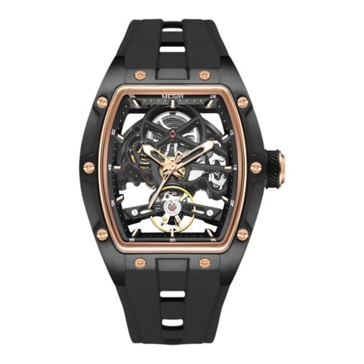 Ceasuri mecanice de lux pentru bărbați Skeleton cu mecanism vizibil Carcasă tonneau 42 x 53 mm Rezistent la apă 3 ATM Curea din silicon