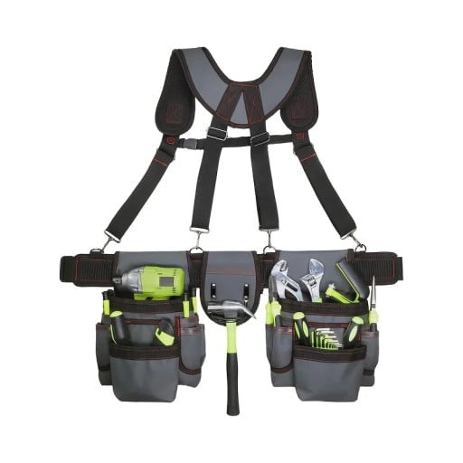 Ceinture à outils avec bretelles rembourrées et 22 poches réglable de 32 à 66 pouces avec porte-marteau gris avec surpiqûres rouges