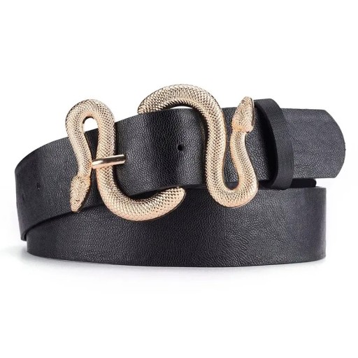 Ceinture noire pour femme 105 x 3,3 cm en cuir PU avec boucle dorée en forme de serpent Ceinture élégante et à la mode pour robes et pantalons Motif
