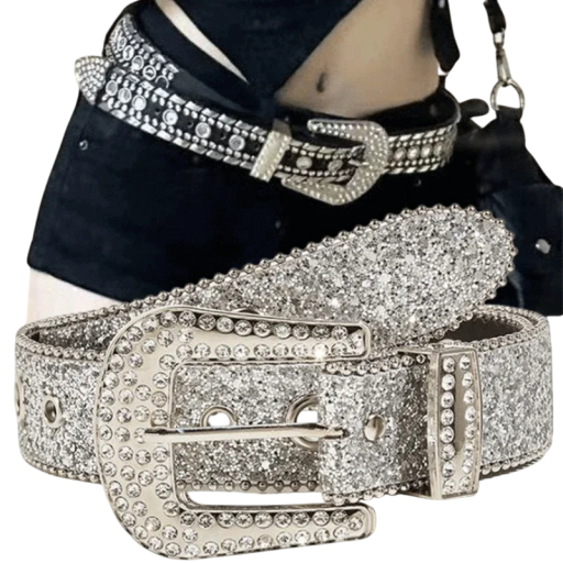 Ceinture pour femmes en cuir PU avec des pierres précieuses 104 x 2,3 cm Ceinture élégante avec des strass Accessoire de mode stylé pour pantalons, robes, tuniques et jupes