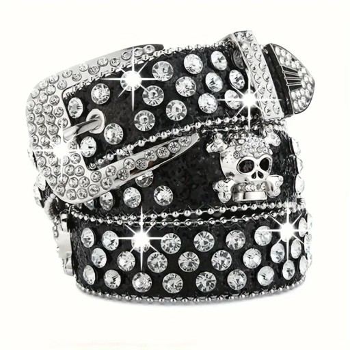 Ceinture rock pour femme avec crâne et cristaux en cuir PU 110 cm Ceinture stylée avec crâne en métal Strass brillants Accessoire de mode