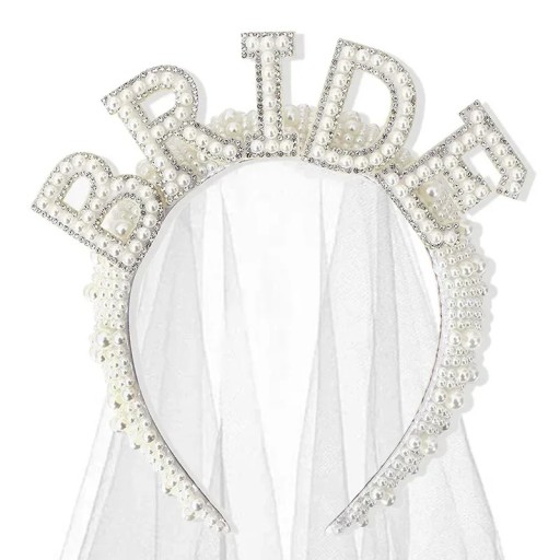 Čelenka BRIDE se závojem Perlová svatební čelenka pro nevěstu Bílé zdobení na rozlučku se svobodou