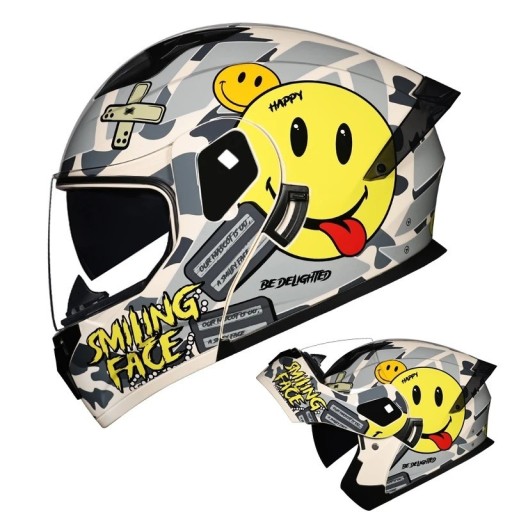 Celoobličjende motorhelm unisex opklapbaar ABS+PC certificering DOT grijs met smiley-print