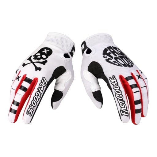 Celoprstové rukavice na motokros a kolo s lebkou na jednej a kruhovým potlačou na druhej rukavici a pruhmi na prstoch pre terén