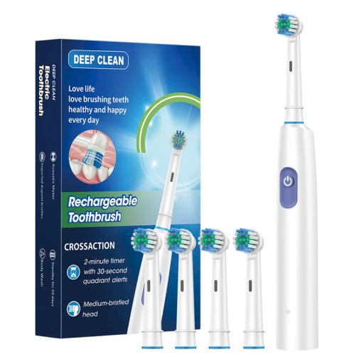 Cepillo de dientes eléctrico giratorio para adultos, blanqueador dental, cabezal redondo 3D, cerdas suaves, recargable, 4 cabezales de repuesto, limpieza eficaz.