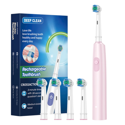 Cepillo de dientes eléctrico giratorio para adultos, blanqueador dental, cabezal redondo 3D, cerdas suaves, recargable, 4 cabezales de repuesto, limpieza eficaz.