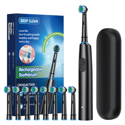 Cepillo de dientes eléctrico giratorio para adultos, blanqueador dental, cabezal redondo 3D, cerdas suaves, recargable, 8 cabezales de repuesto, limpieza eficaz.