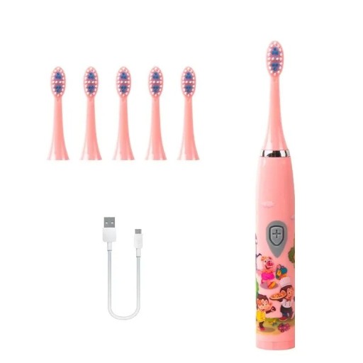 Cepillo de dientes eléctrico sónico para niños, carga USB, impermeable, IPX7, diseño de dibujos animados coloridos, 6 cabezales de repuesto, cerdas suaves, automático.