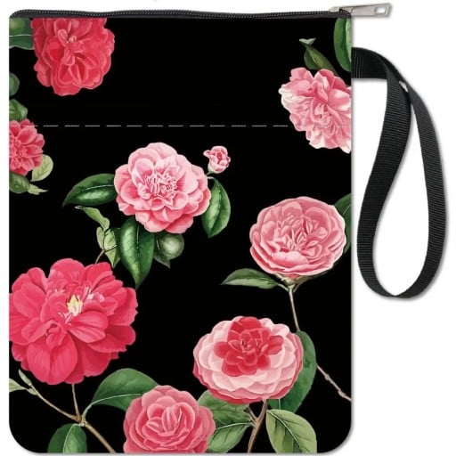 Černé textilní zipové pouzdro 28 x 22 cm voděodolný organizér s kapsou a poutkem růžový květinový motiv