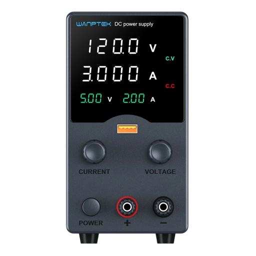 Černý laboratorní napájecí zdroj 120V 3A 360W OVP OCP LED displej USB-A Stejnosměrný regulovaný zdroj Výstupní spínač Chladicí ventilátor