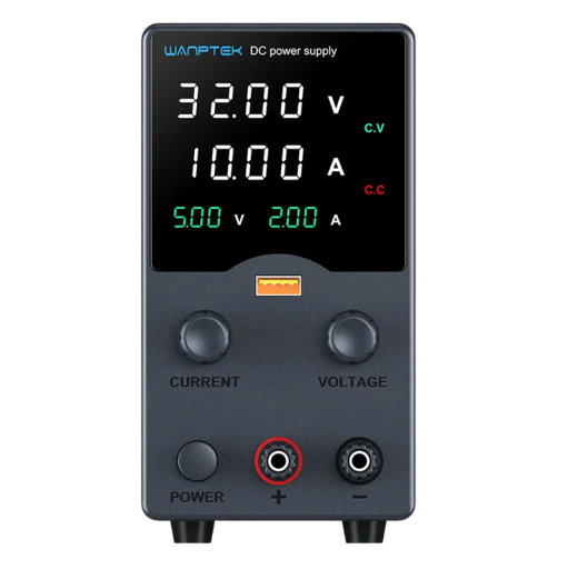 Černý laboratorní napájecí zdroj 32V 10A 320W OCP OVP Regulace napětí LED displej USB-A Výstupní spínač Chlazení DC zdroj Stejnosměrný zdroj