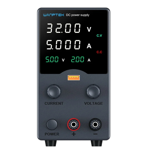 Černý laboratorní napájecí zdroj 32V 5A 160W OCP OVP Regulace napětí LED displej Výstupní spínač USB-A Chlazení DC zdroj Stejnosměrný zdroj