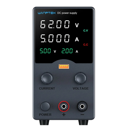 Černý laboratorní napájecí zdroj 62V 5A 310W OCP OVP LED displej USB-A Výstupní spínač Regulace napětí Chlazení DC zdroj Stejnosměrný zdroj
