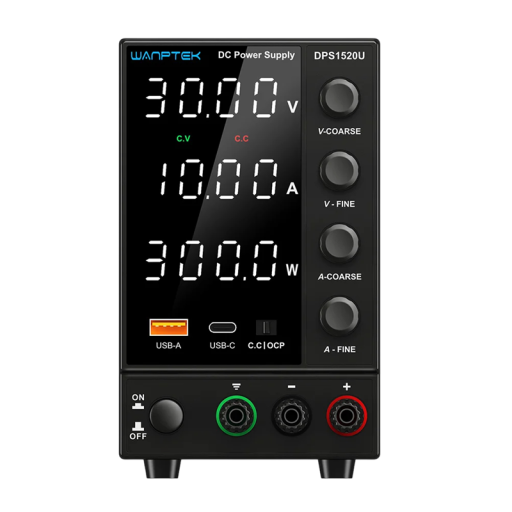 Černý napájecí zdroj 30V 10A 300W Laboratorní zdroj s LED displejem USB-C/USB-A Rychlonabíjení Regulace napětí Paměť M1 M2 M3