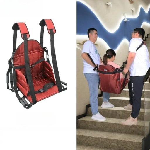 Červené nosítko na přenos osob sedátko s ramenními popruhy nosnost 150 kg zesílená oxfordská tkanina 600D pro seniory i přenos po schodech