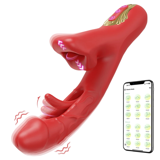 Červený multifunkční vibrátor s womanizérem, jazykem, sáním, klepáním a více než 10 vibračními módy 24 cm ovladatelný přes aplikaci v mobilu USB nabíjení diskrétní balení