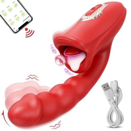 Červený multifunkčný vibrátor s womanizérom, jazykom, saním, klepaním a viac ako 10 vibračnými módmi 24 cm ovládateľný cez aplikáciu v mobile USB nabíjanie diskrétne balenie