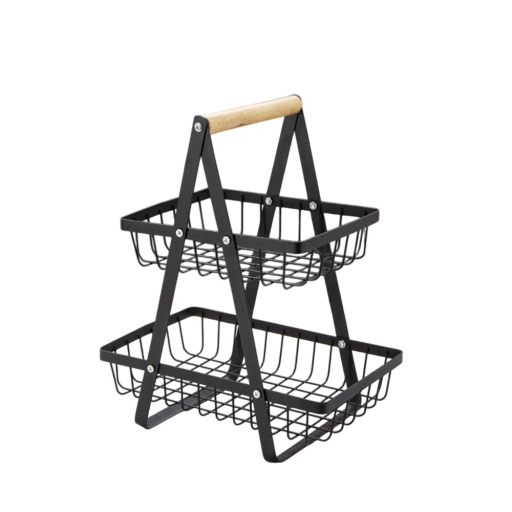 Cestino per alimenti a due piani 33 × 27,5 × 17,5 cm supporto metallico nero per frutta, snack e forniture da cucina